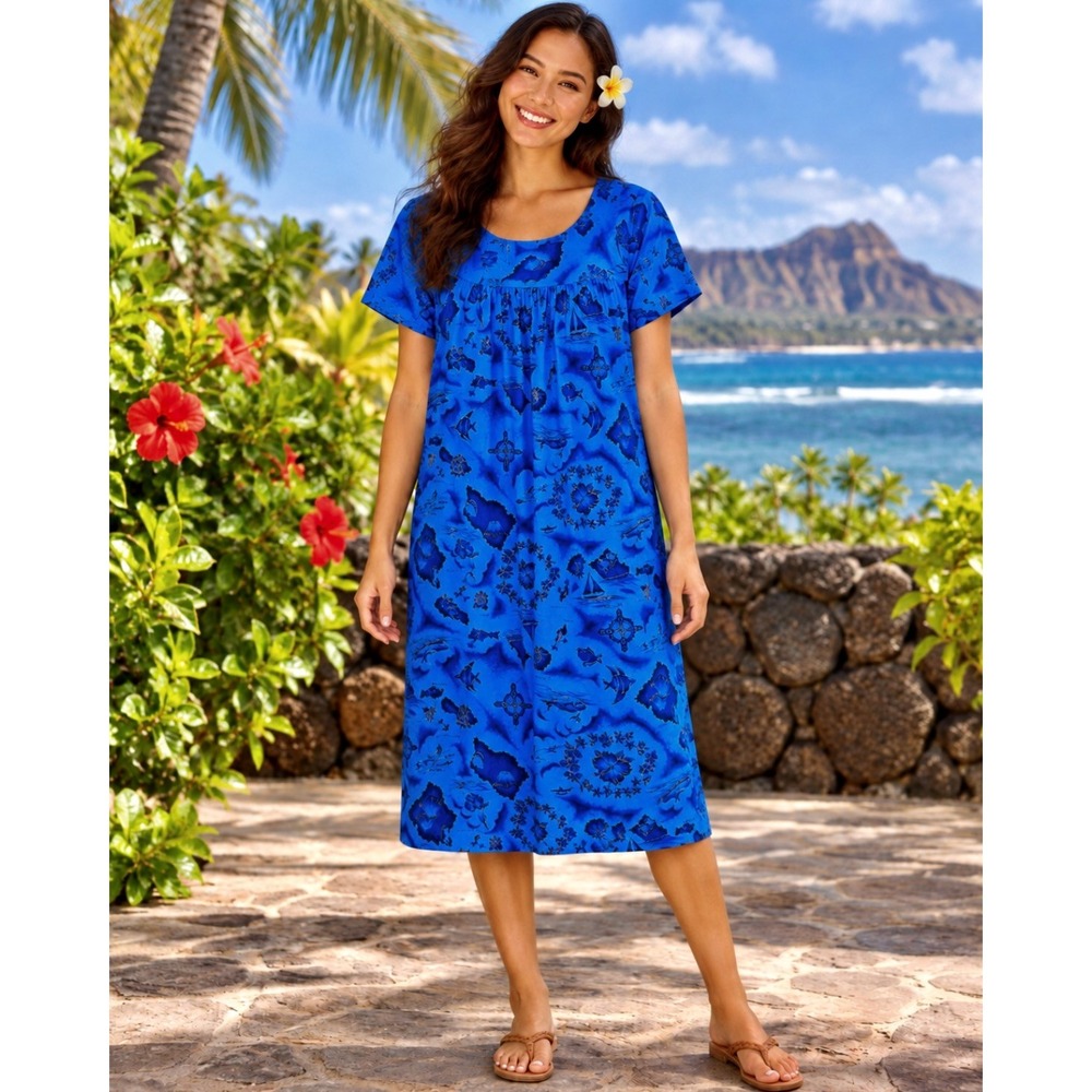 Vintage 1960s UI-MAIKAI Hawaiian Map Print Muumuu Dress Blue Cotton Size 12